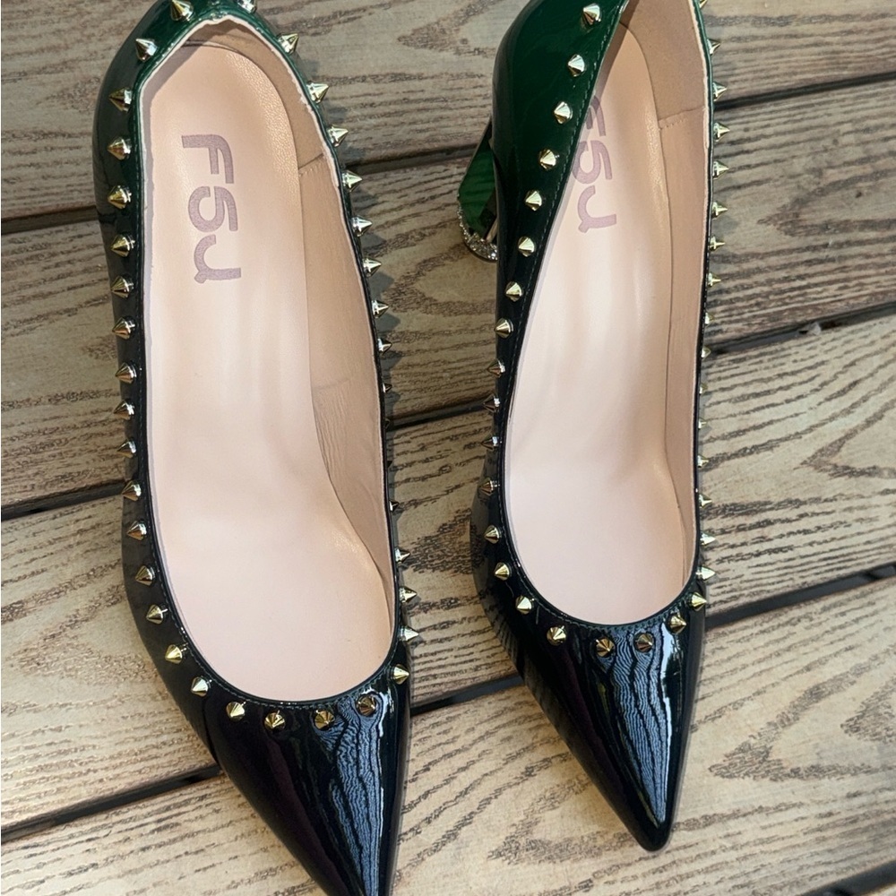 FSJ Black Patent Studded Heels Green Crystal Jewel Heel Pumps Women’s Size 11